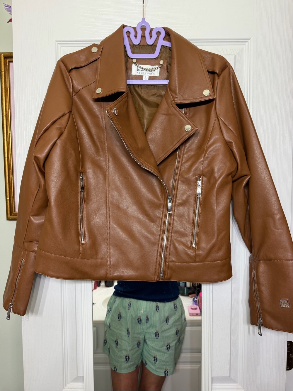 brown faux-leather motorcycle jacket by Nicole Miller New York NWOT